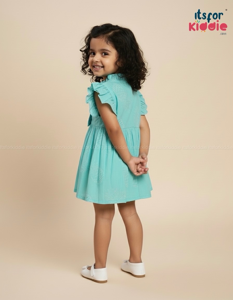 Girls’ Turquoise Cotton Frock with Bow & Ruffle Sleeves