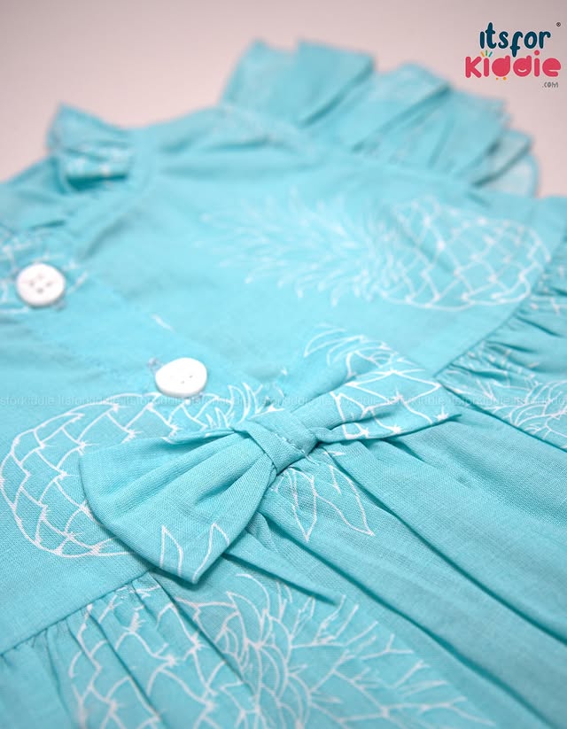 Girls’ Turquoise Cotton Frock with Bow & Ruffle Sleeves